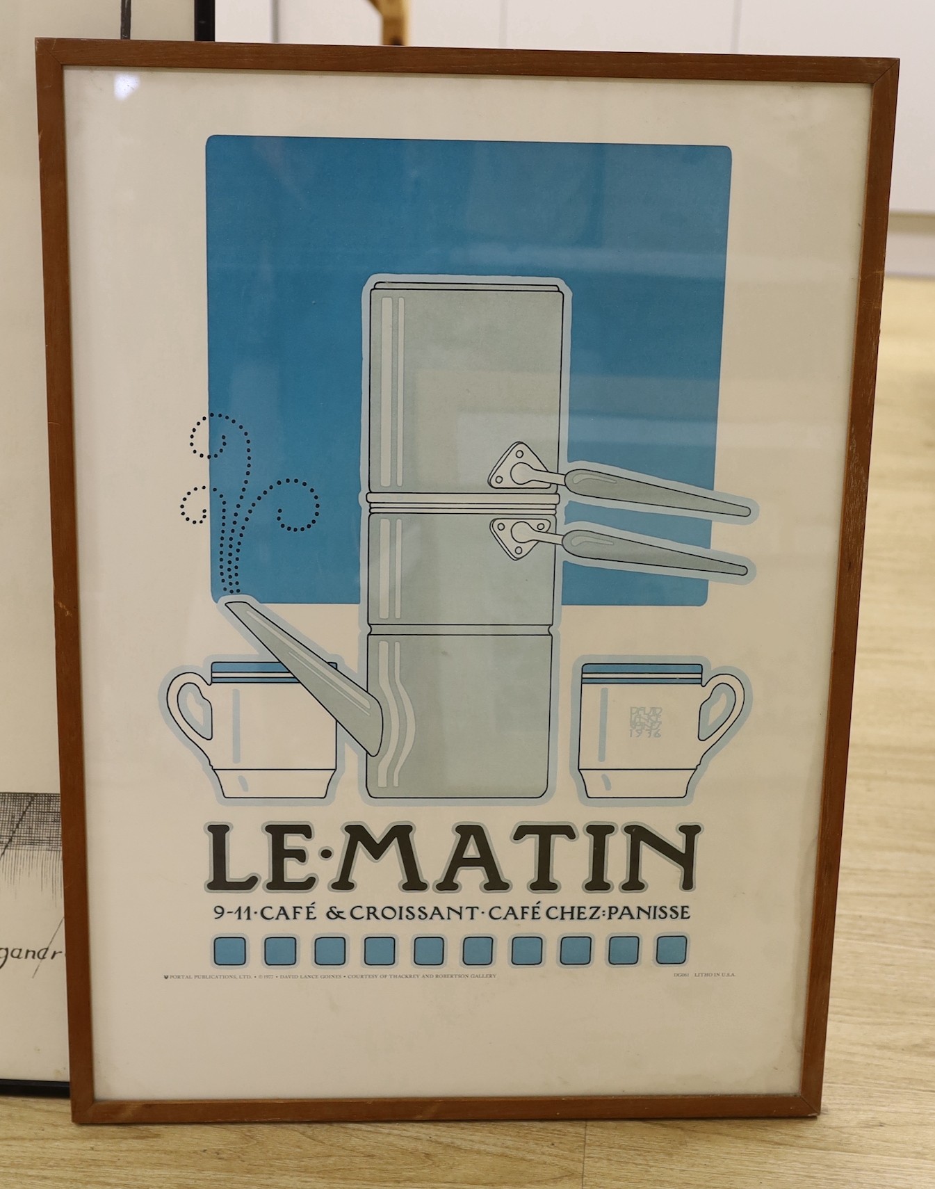 A French Année Molière 1973 Jean-Baptiste Poquelin framed film poster, together with a David Lance Goines ‘Le Matin’ 1976 poster. Largest 88 x 71cm